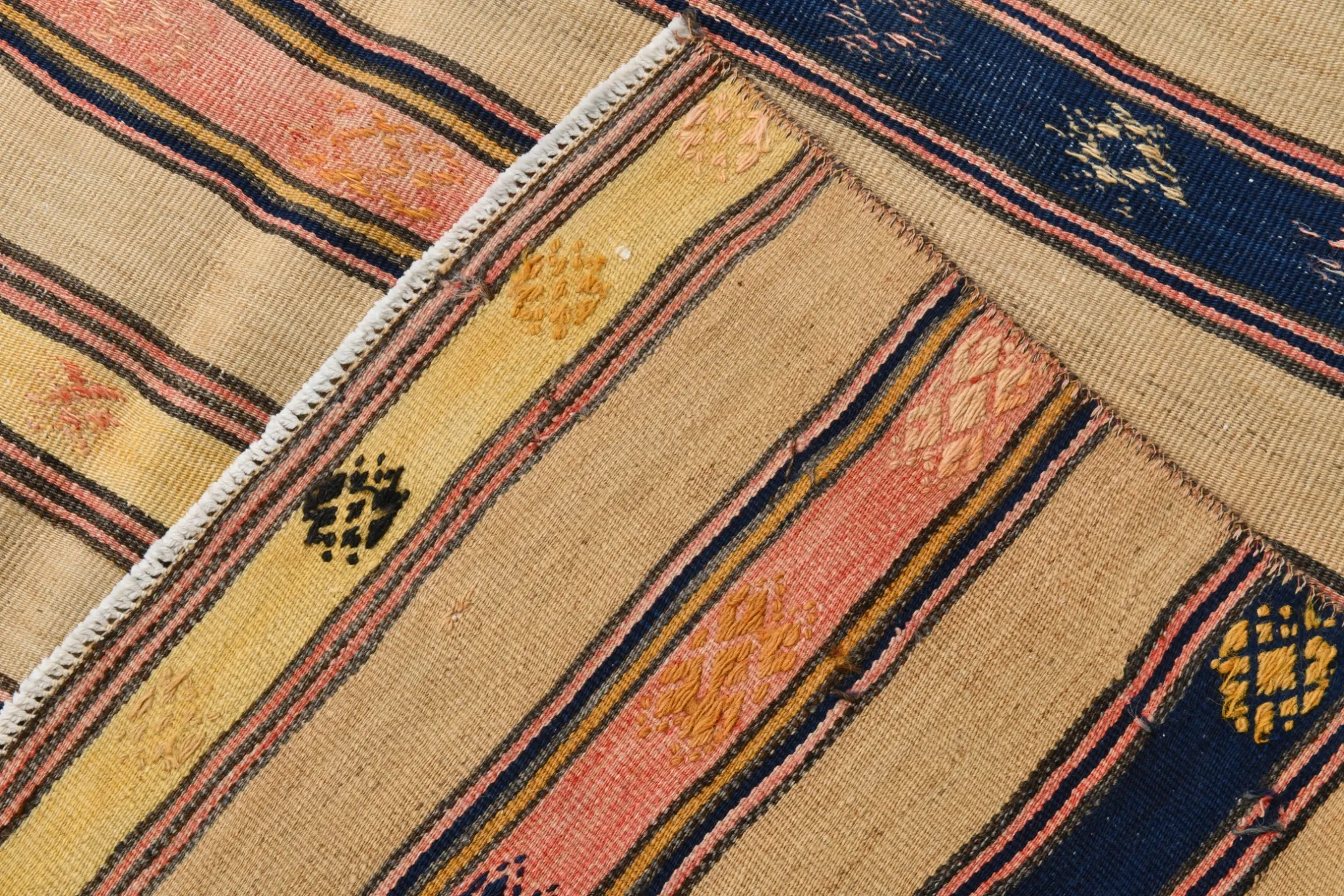 Turkish Vintage Blue & Beige Kilim Rug, Mid Century Modern Farmhouse Decor