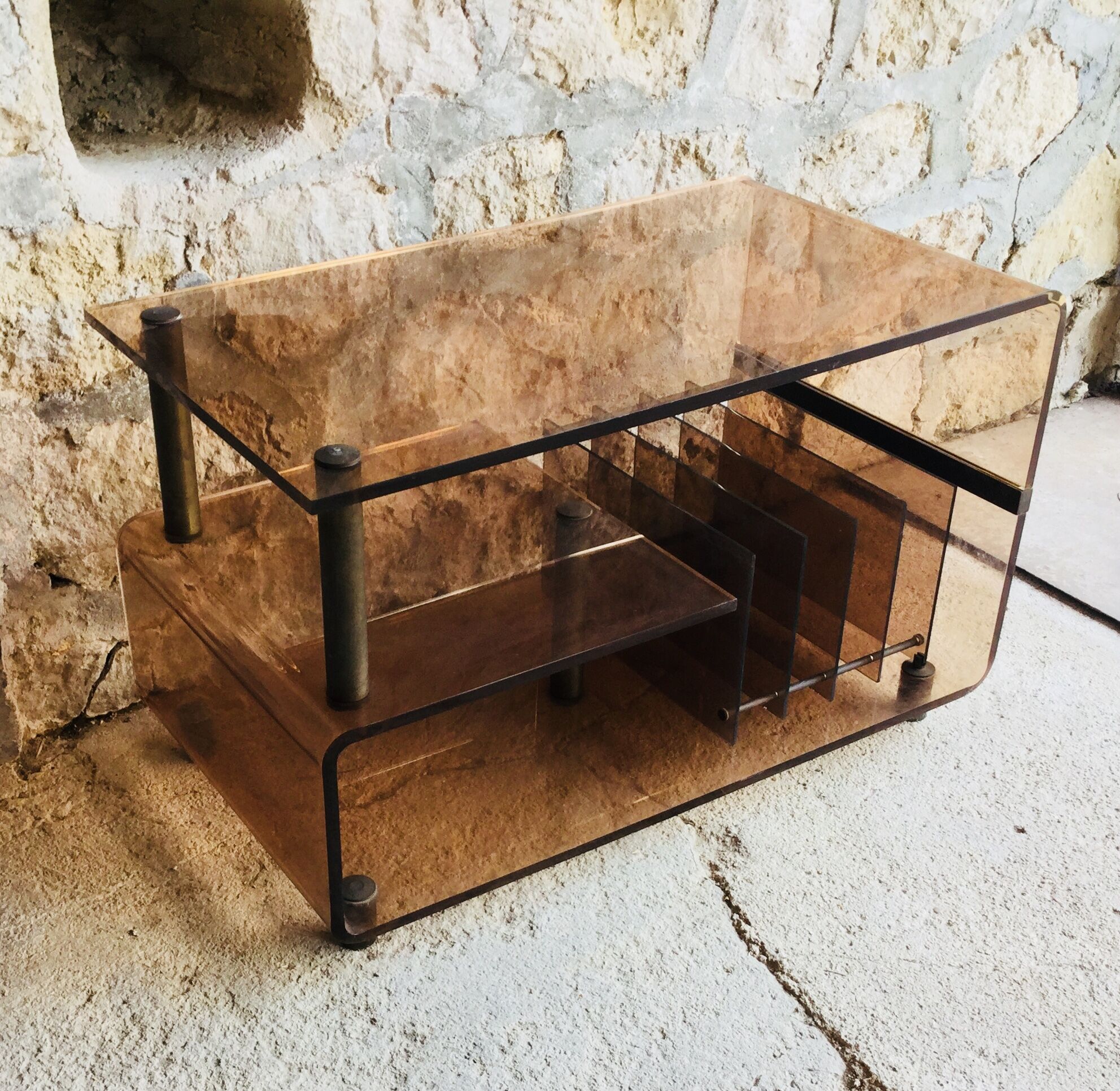 Vinyl or hifi furniture - smoked plexiglass and brass - 1970