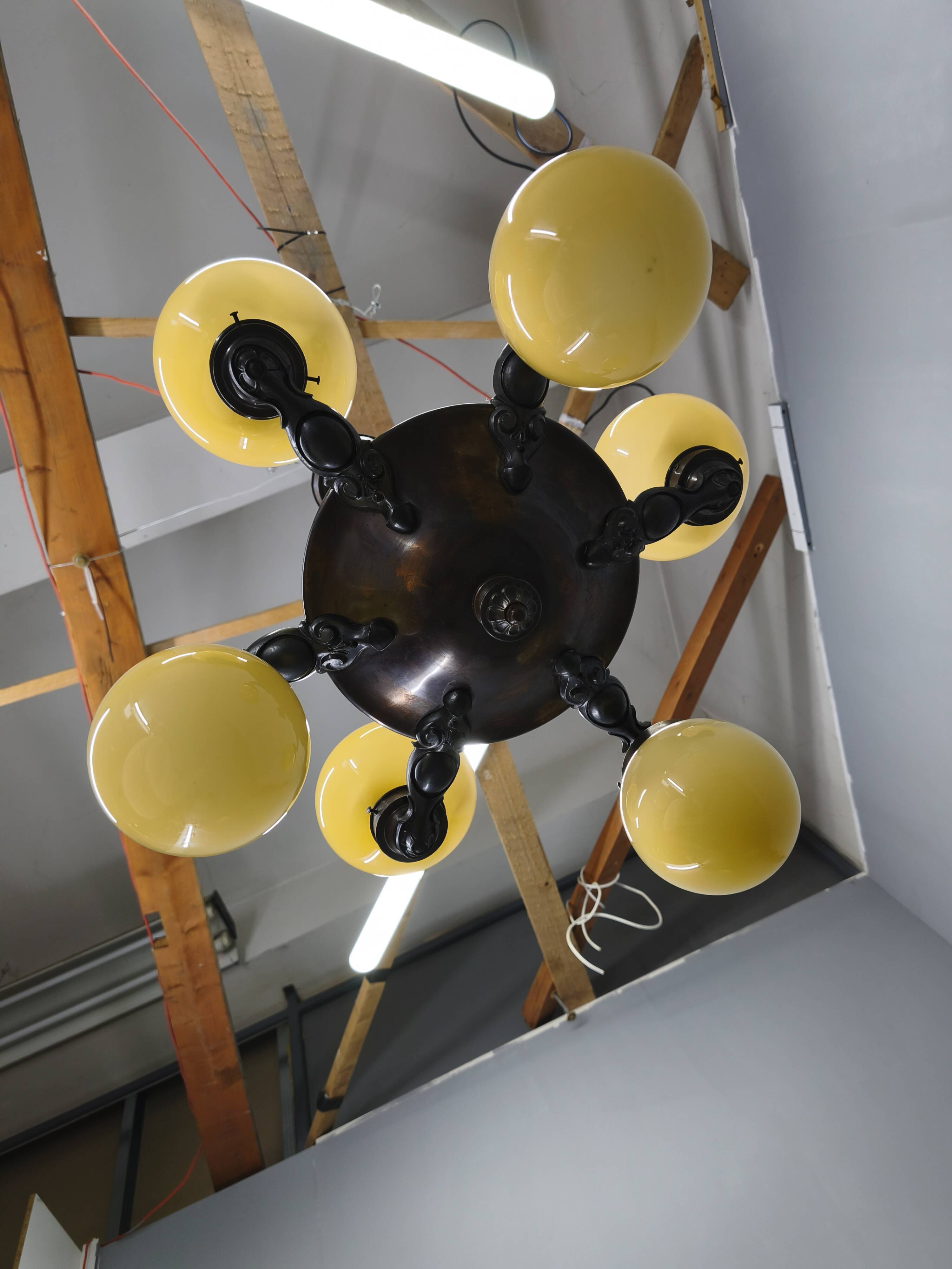 Art Deco Chandelier in Czech Brass with Cream Glass, 1920s