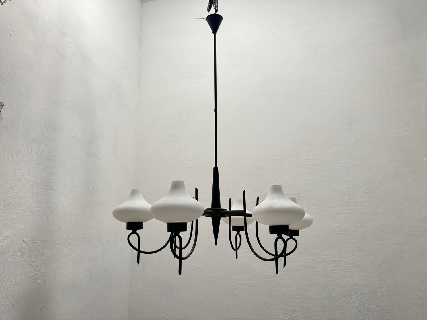 Italian Bronze Opaline Glass Chandelier 1950’s