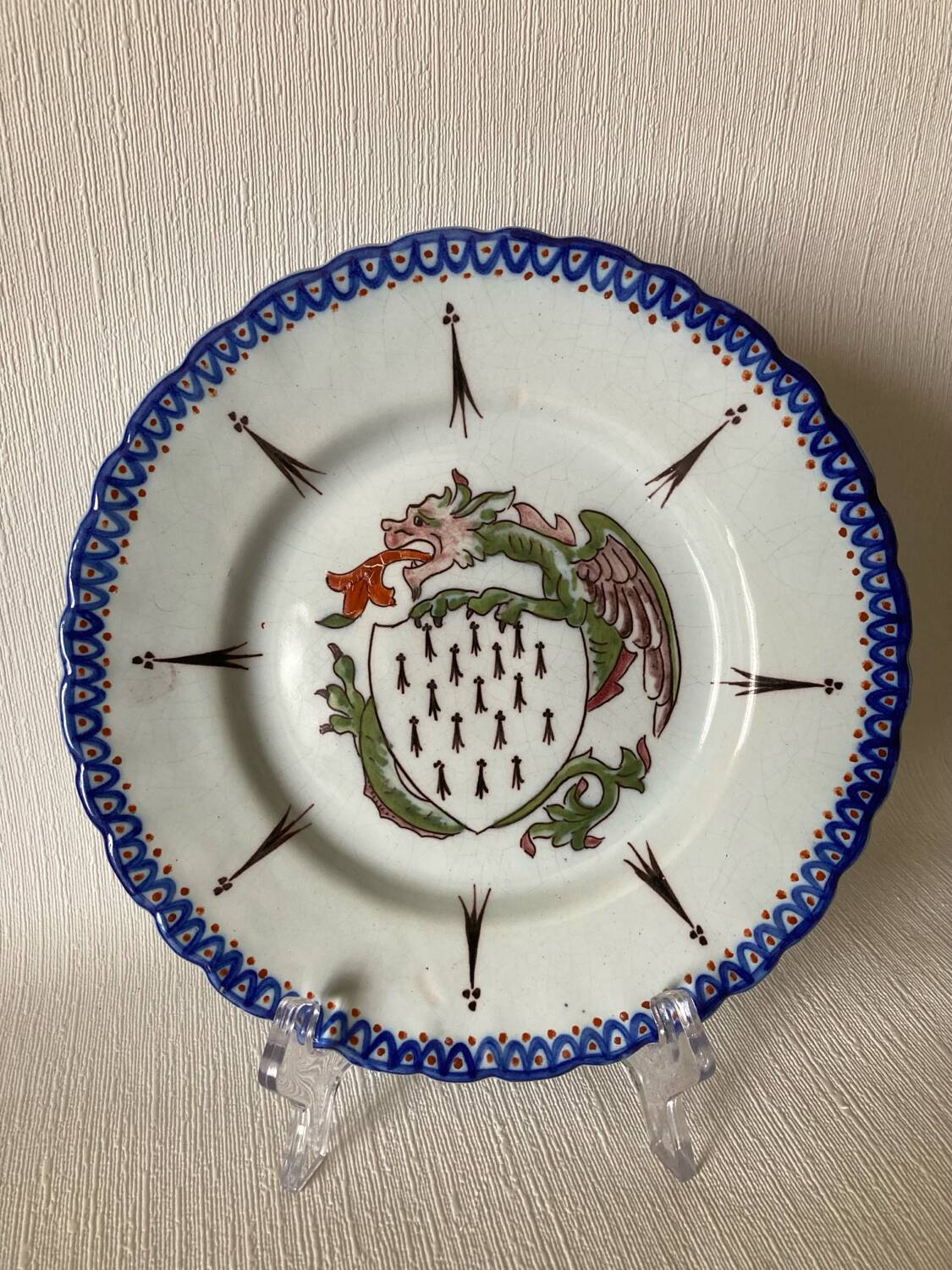 19th Century Plate Ermine & Heraldic Dragon Brittany