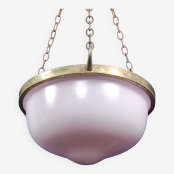 1920s Art Deco Pink Flashed Opaline Glass Plafonnier Pendant Lamp & Silver Plate Frame