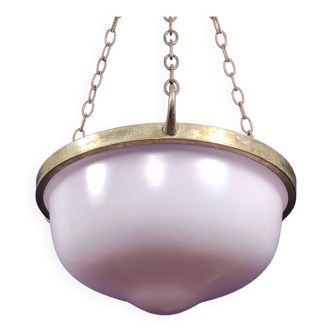 1920s Art Deco Pink Flashed Opaline Glass Plafonnier Pendant Lamp & Silver Plate Frame