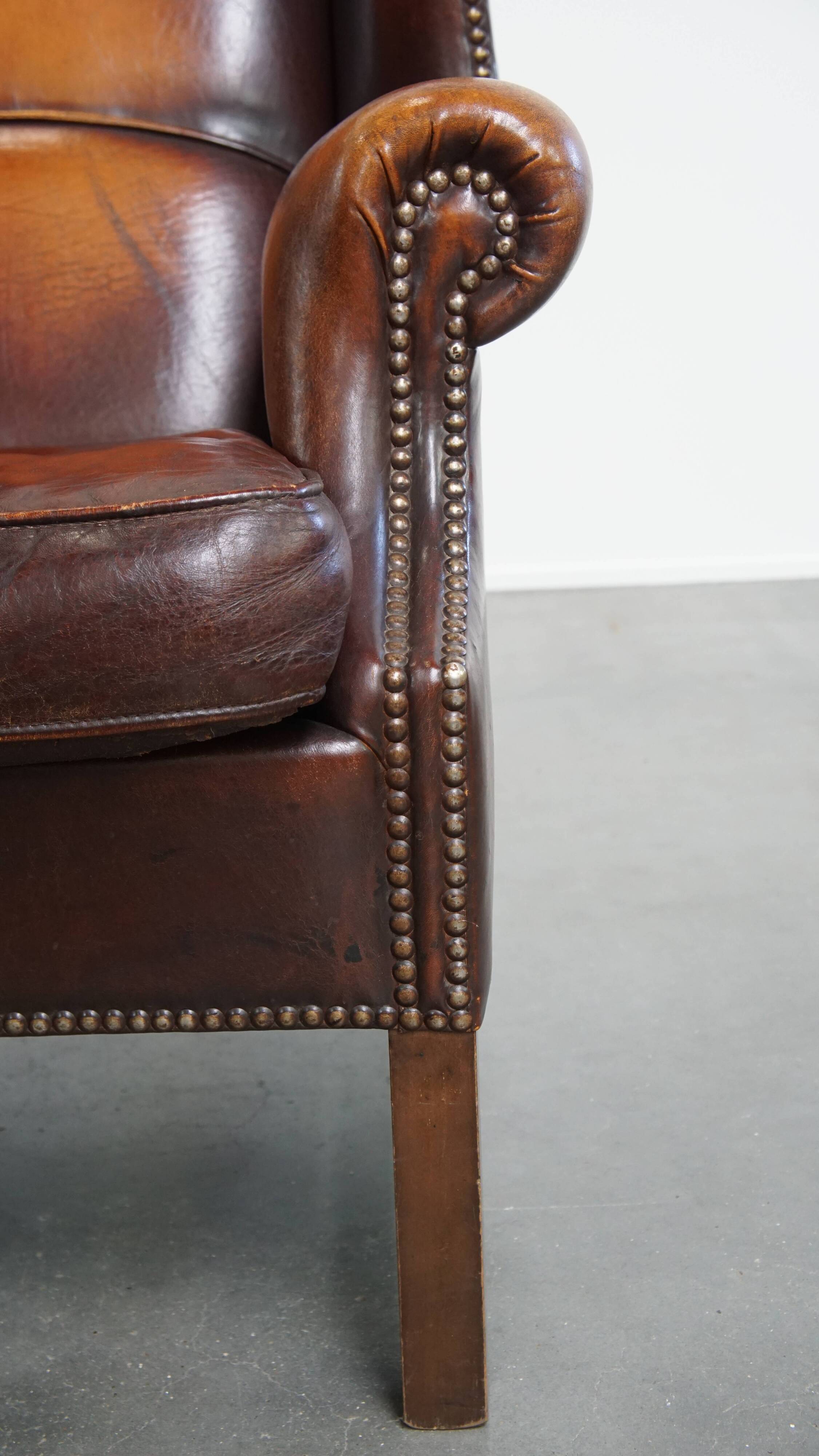 Dark English-Style Sheepskin Wingback Chair
