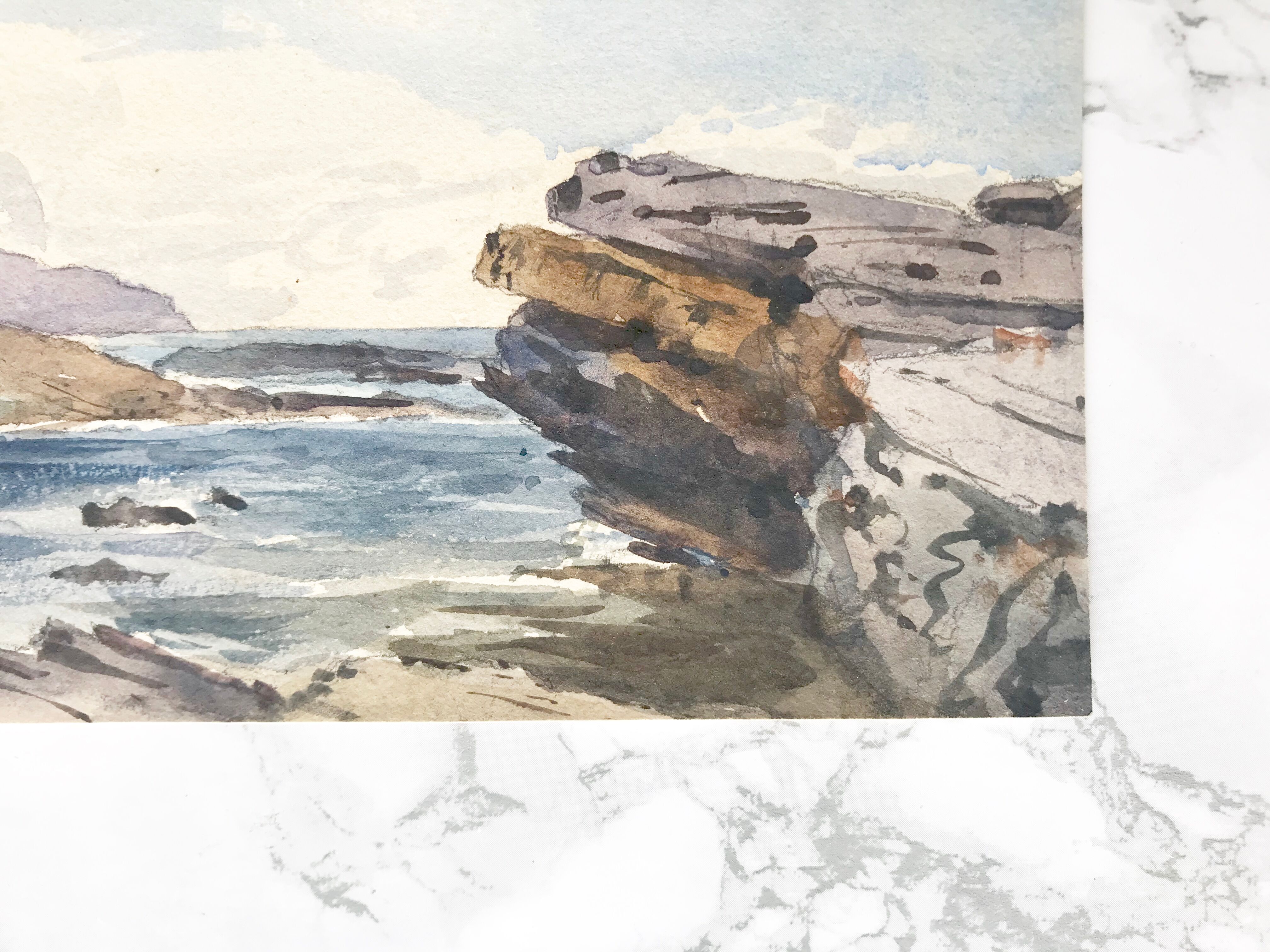 Ancient watercolor depicting a seaside