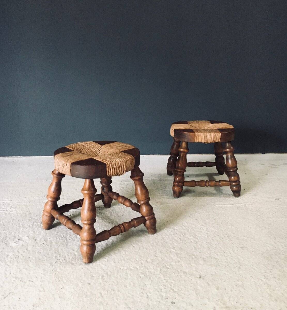 Rustic Low Oak and Rush Stools in the style of Charles Dudouyt, France, 1940s, Set of 2