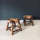 Rustic Low Oak and Rush Stools in the style of Charles Dudouyt, France, 1940s, Set of 2