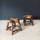 Rustic Low Oak and Rush Stools in the style of Charles Dudouyt, France, 1940s, Set of 2