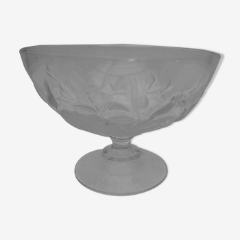 Coupe vintage sur pied en verre cristal transparent motifs de roses givrées en relief