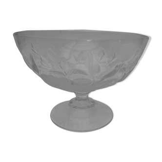 Coupe vintage sur pied en verre cristal transparent motifs de roses givrées en relief