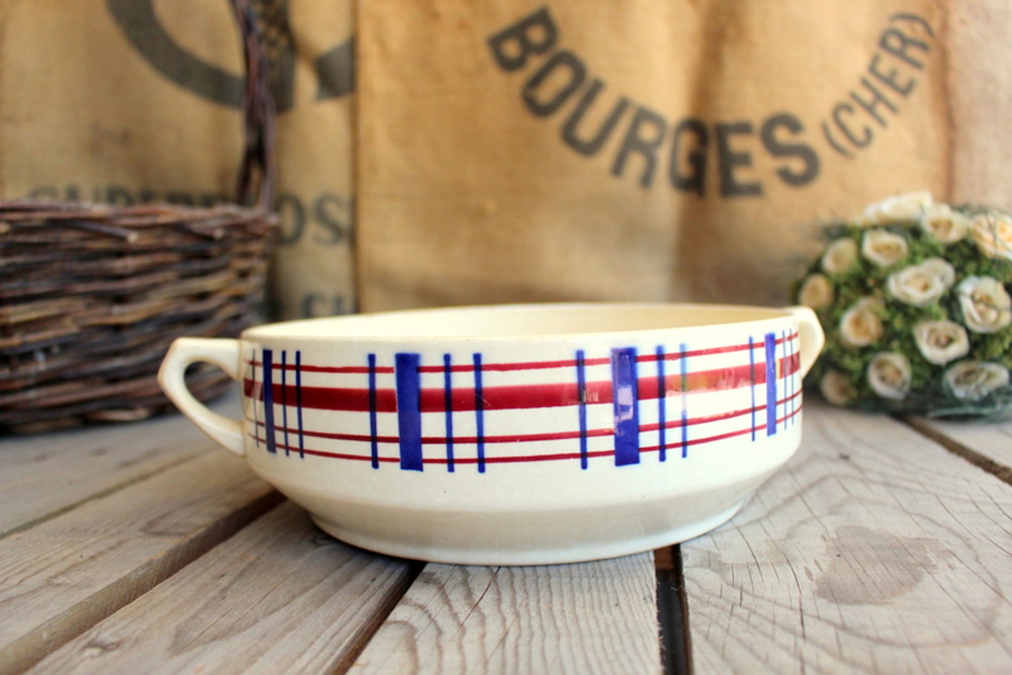 Ancient Ceramic Salad with Handles signed Saint-Amand