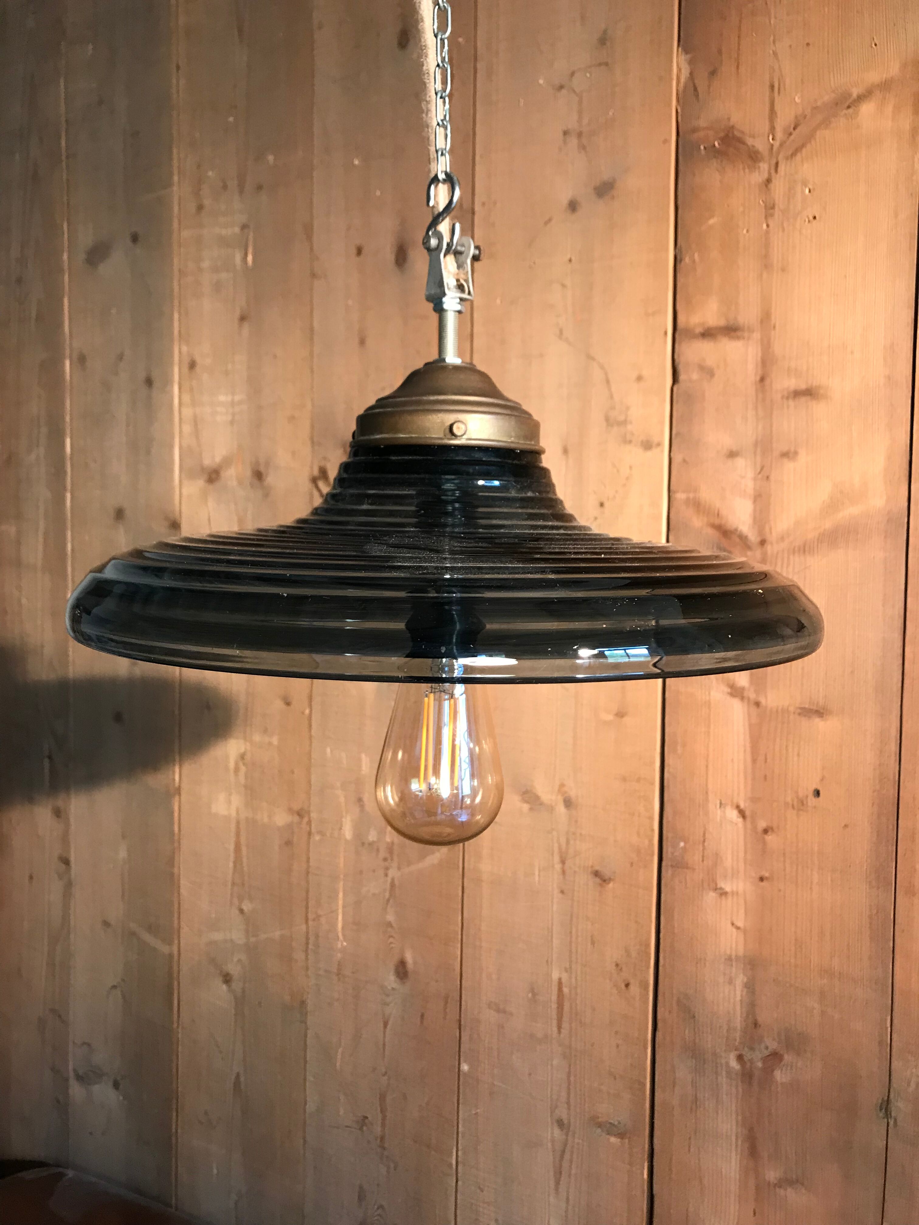 Large vintage pendant lamp in blue glass.