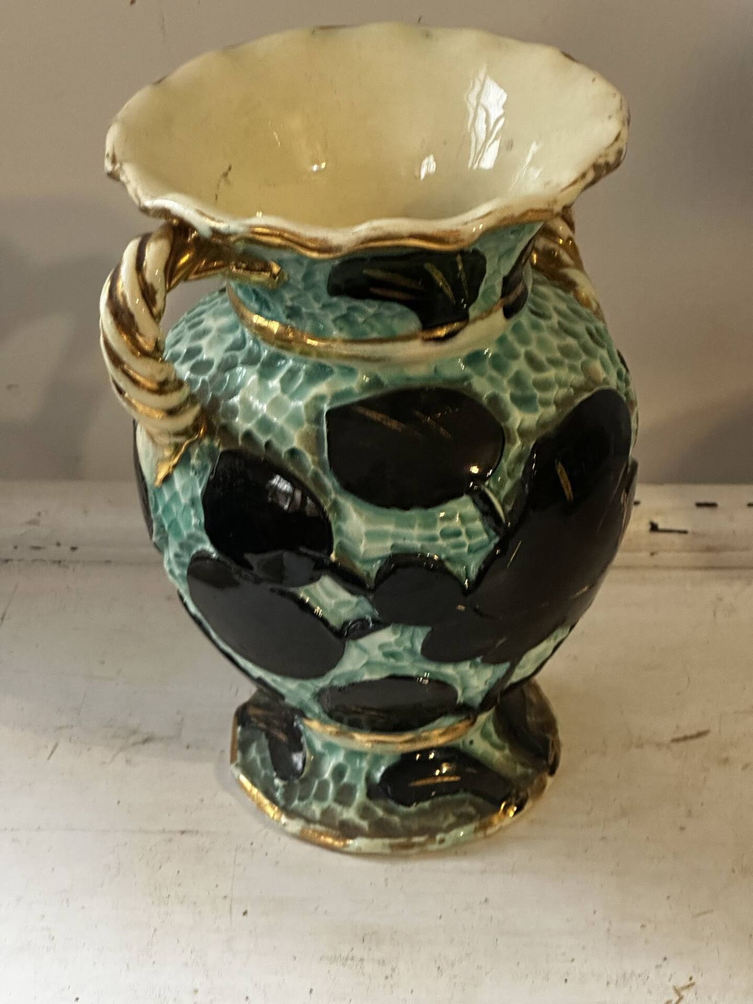 Pair of Vallauris vases in turquoise and black ceramic enhanced with o