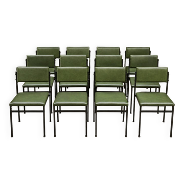 Set of 12 vintage chairs – green faux leather & black metal – 1960s/70s