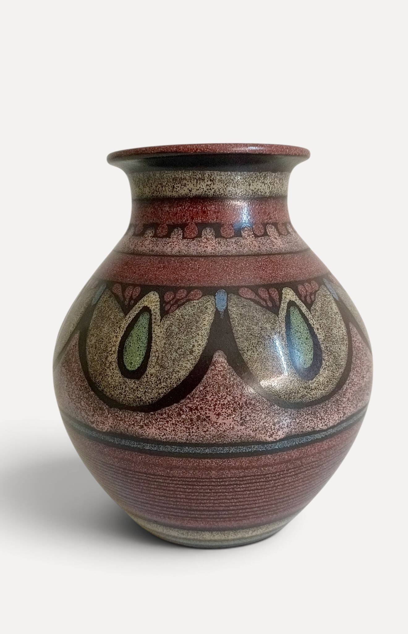 1970s Spanish Hand-Painted Studio Pottery Vase with Mediterranean Motifs
