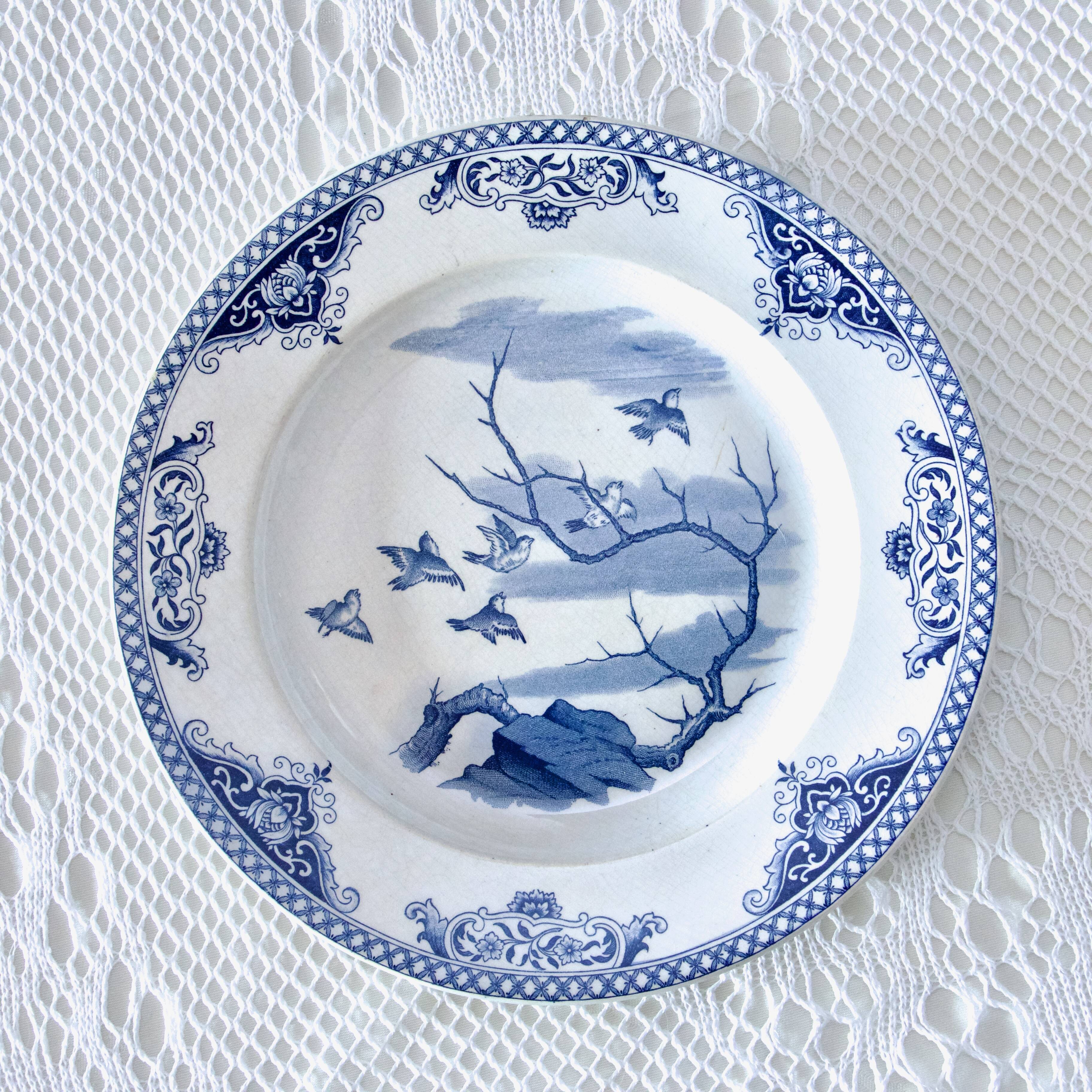 19th century plates Gien iron earth collection with Japanese birds