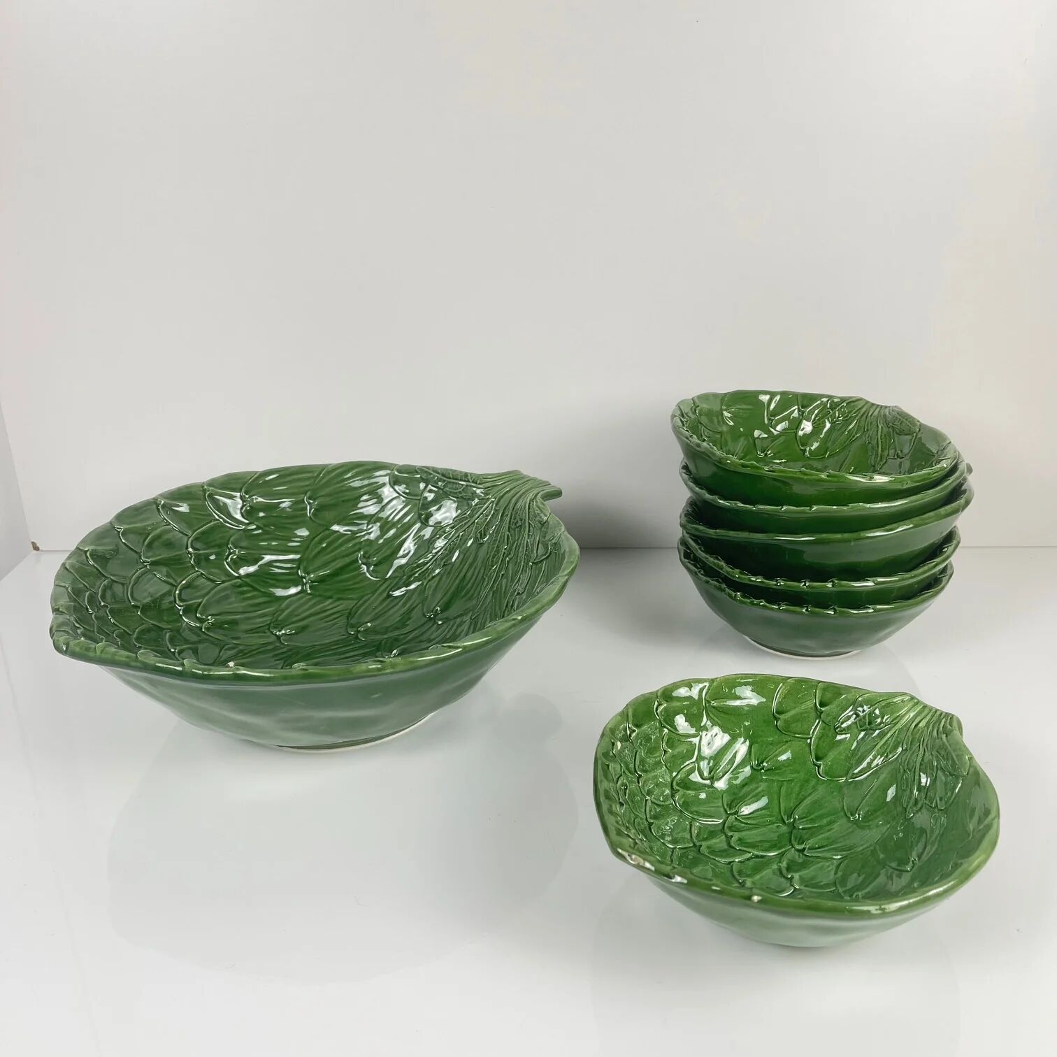 Salad service green leaf artichoke vintage salad bowl + 6 bowls 70s