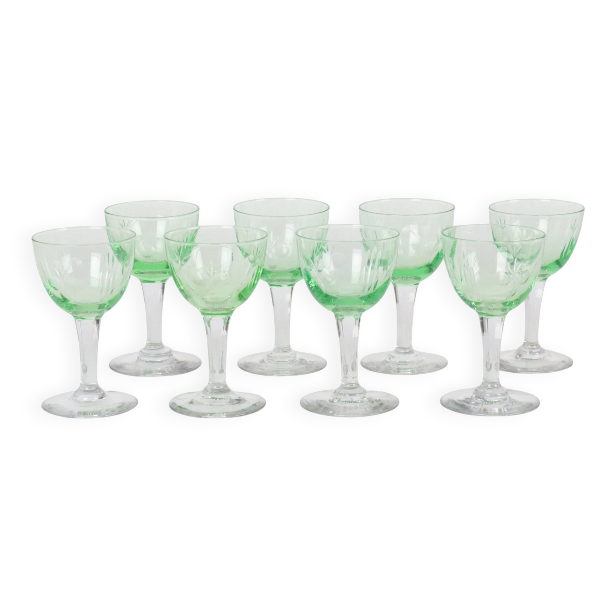 Set of 8 Val Saint Lambert Uranium Glass Aperitif Glasses