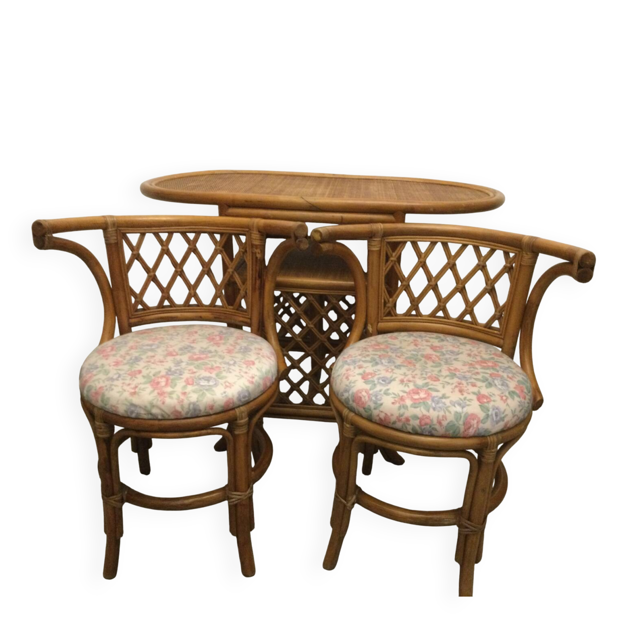 Table and 2 armchairs set in rattan and wicker, 70s/80s