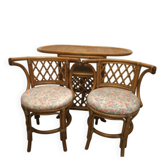 Table and 2 armchairs set in rattan and wicker, 70s/80s