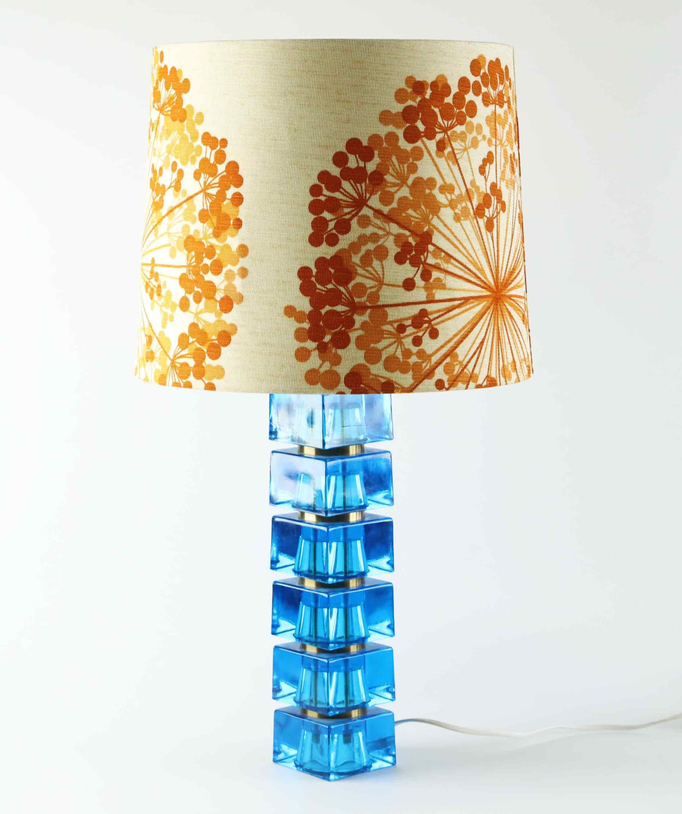 Carl Fagerlund table lamp for Orrefors blue glass and brass Sweden 1960