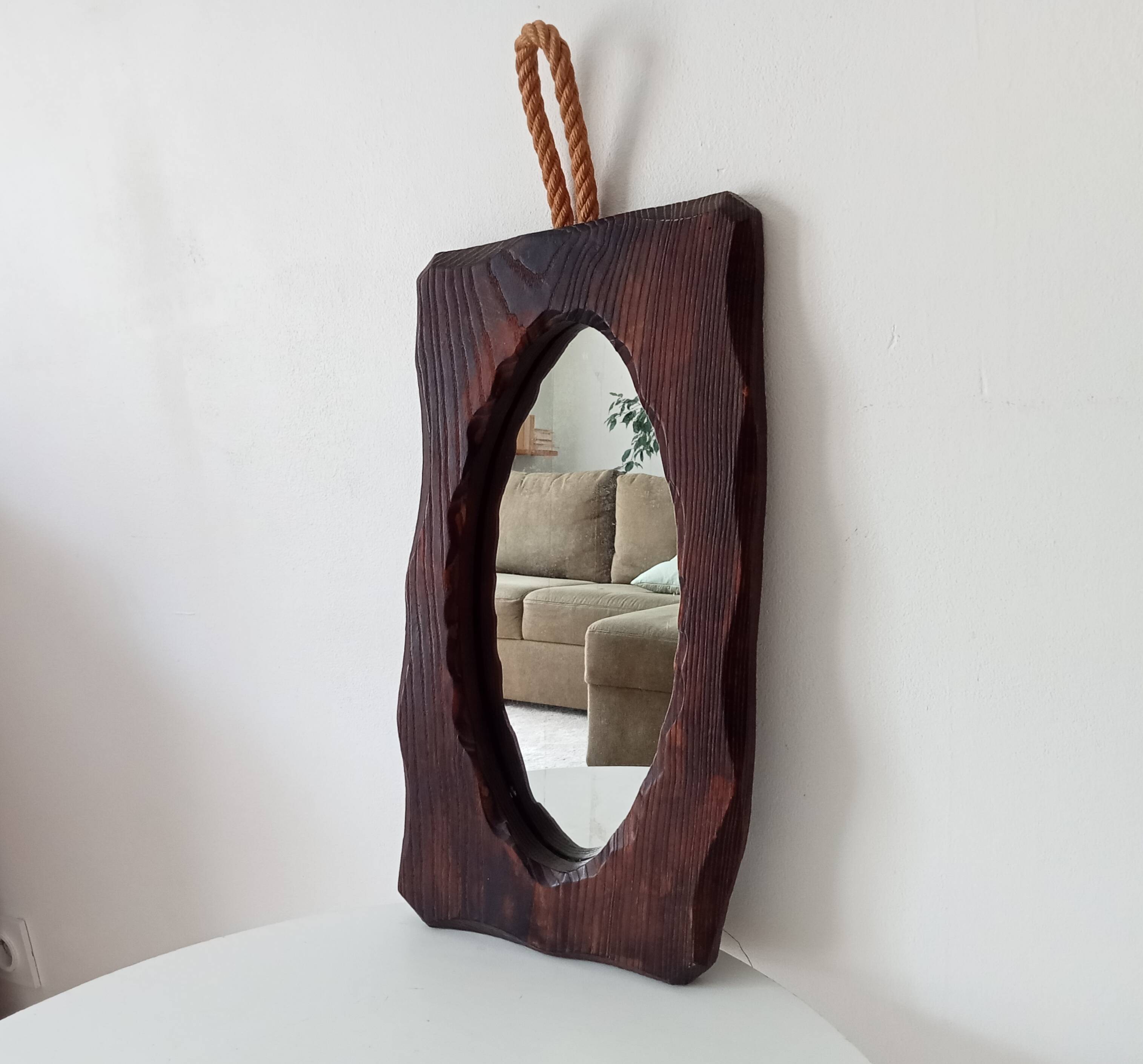Brutalist antique mirror in solid wood from the 1950s/60s.