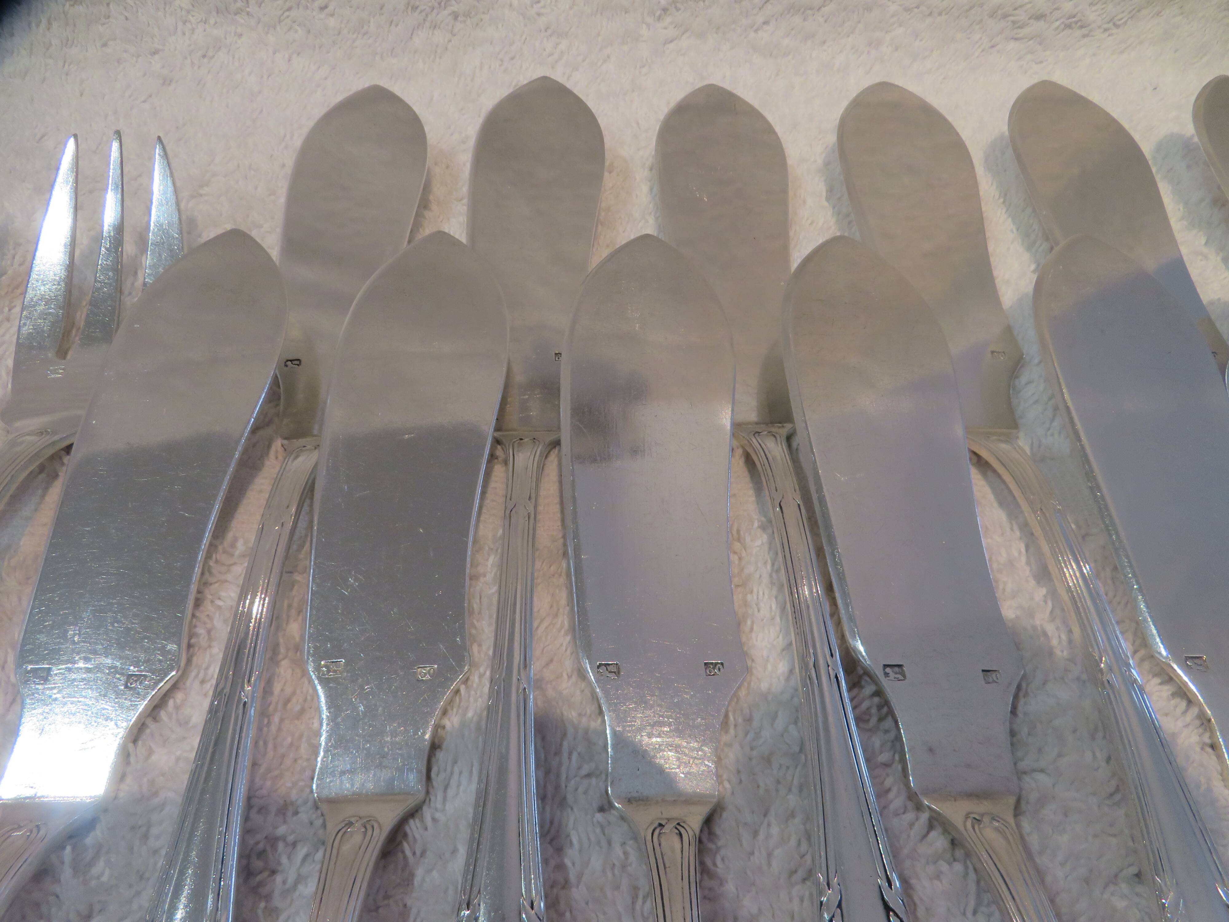12 fish cutlery sets 24p silver plated metal goldsmith Apollo Louis XVI rushes