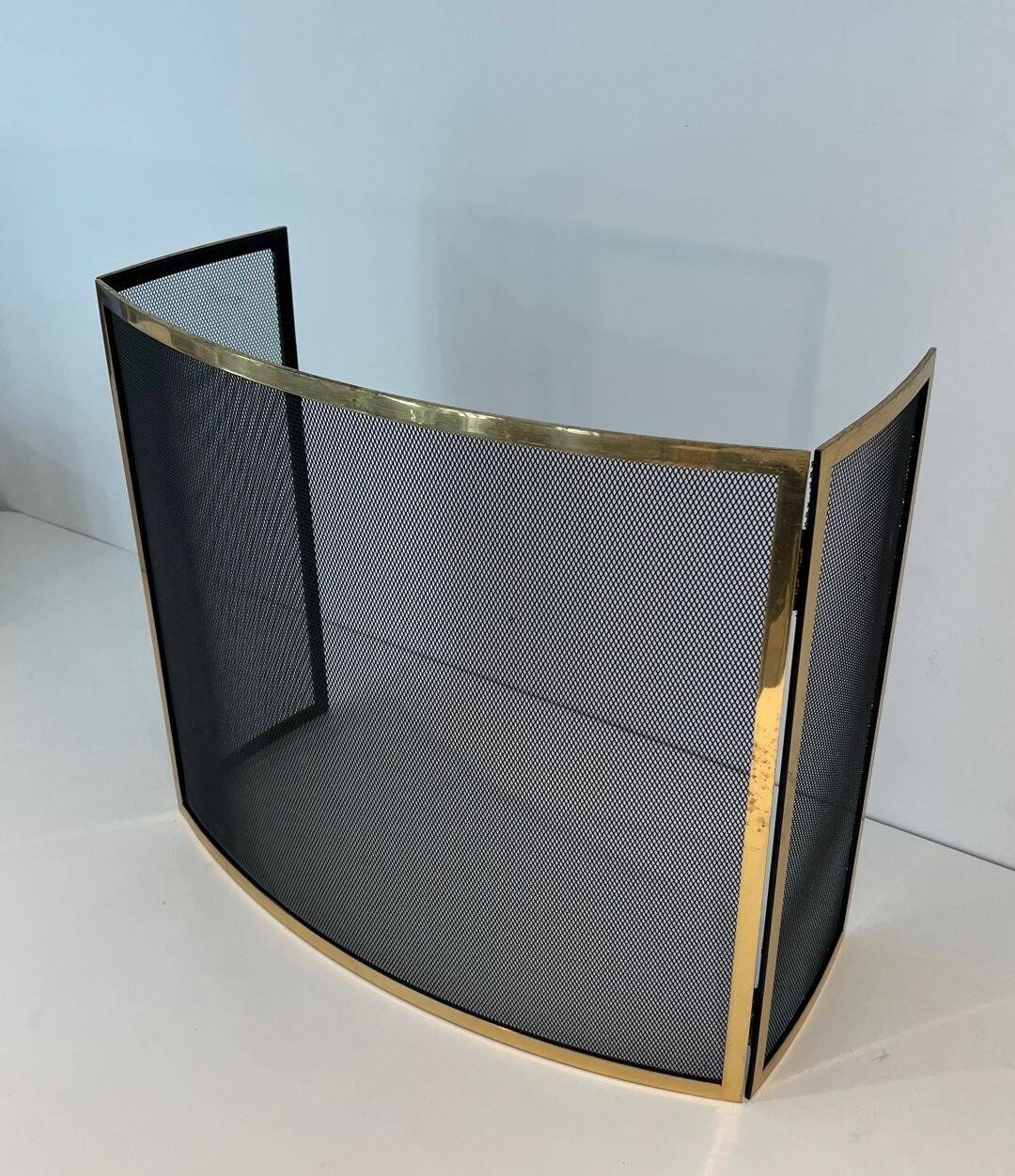 Curved Three-Panel Fire Screen in Polished Brass and Black Grille, in Style of