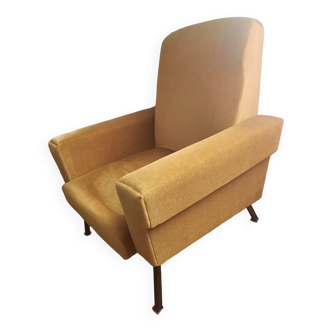 Fauteuil vintage velour jaune moutarde