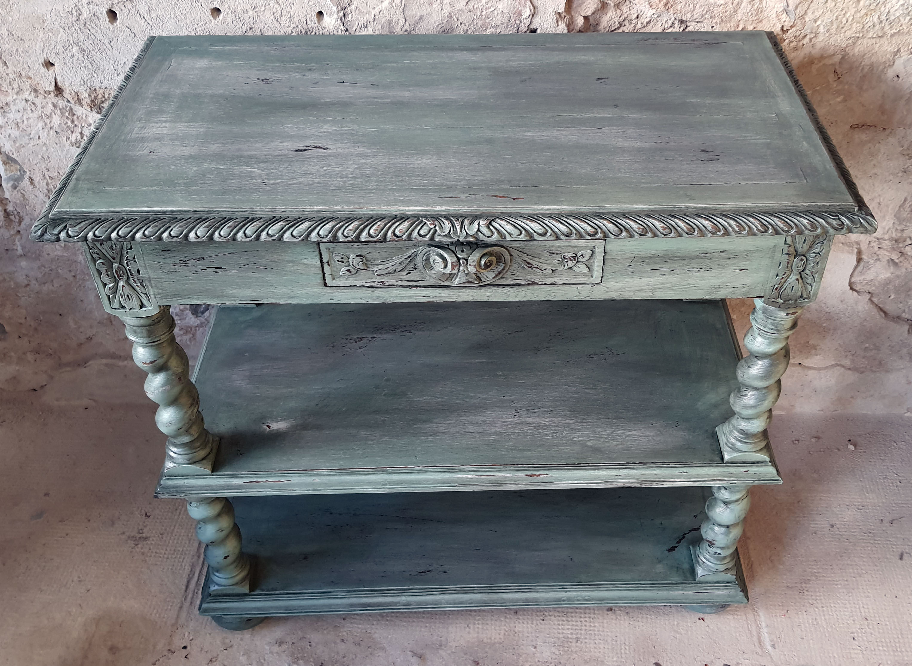 Console Louis XIV shabby chic - sage green patina