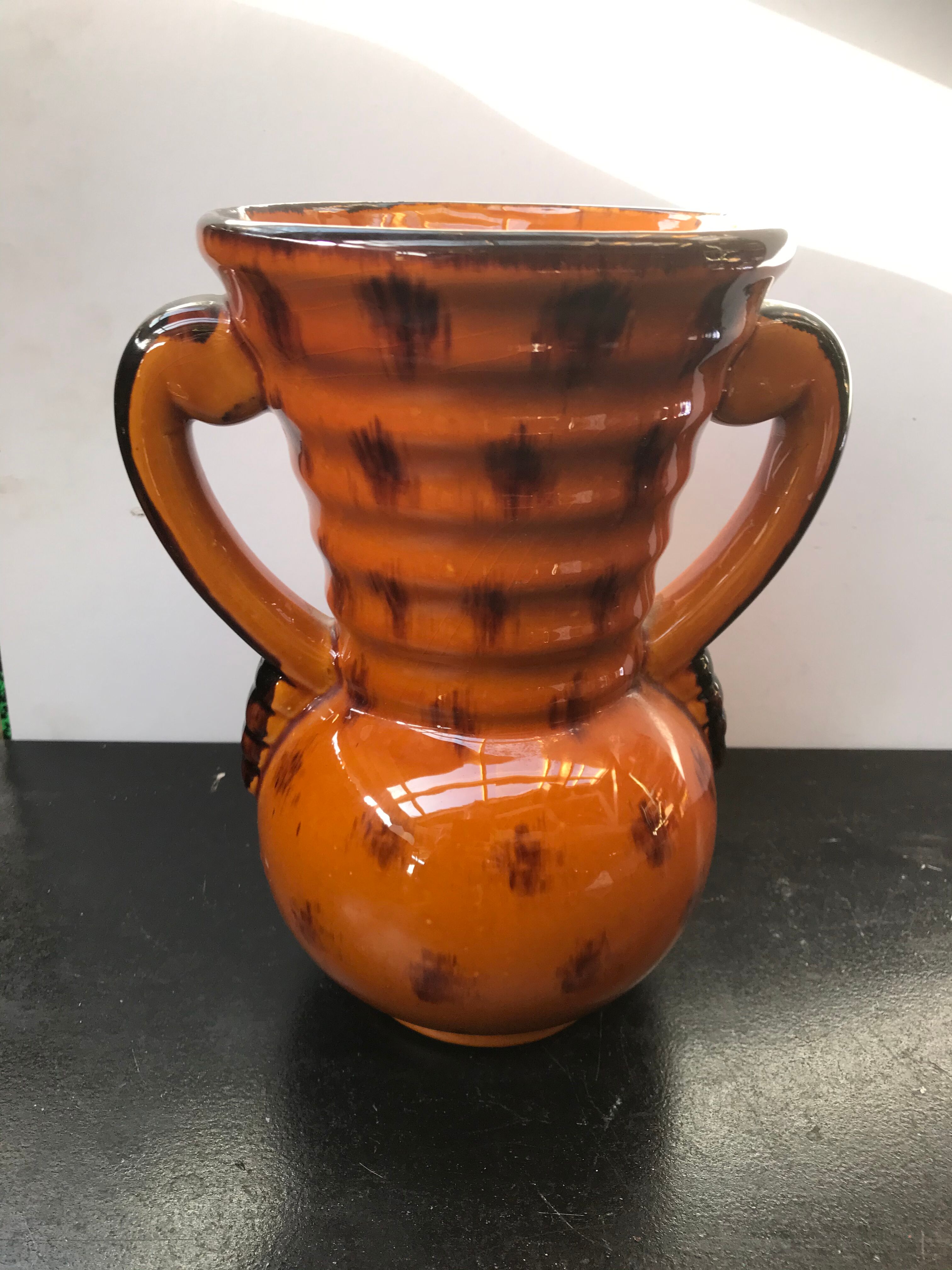 Ancient Vase With Autumn Ceramics Brown - Decor Leaves 70s Vintage