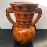 Ancient Vase With Autumn Ceramics Brown - Decor Leaves 70s Vintage