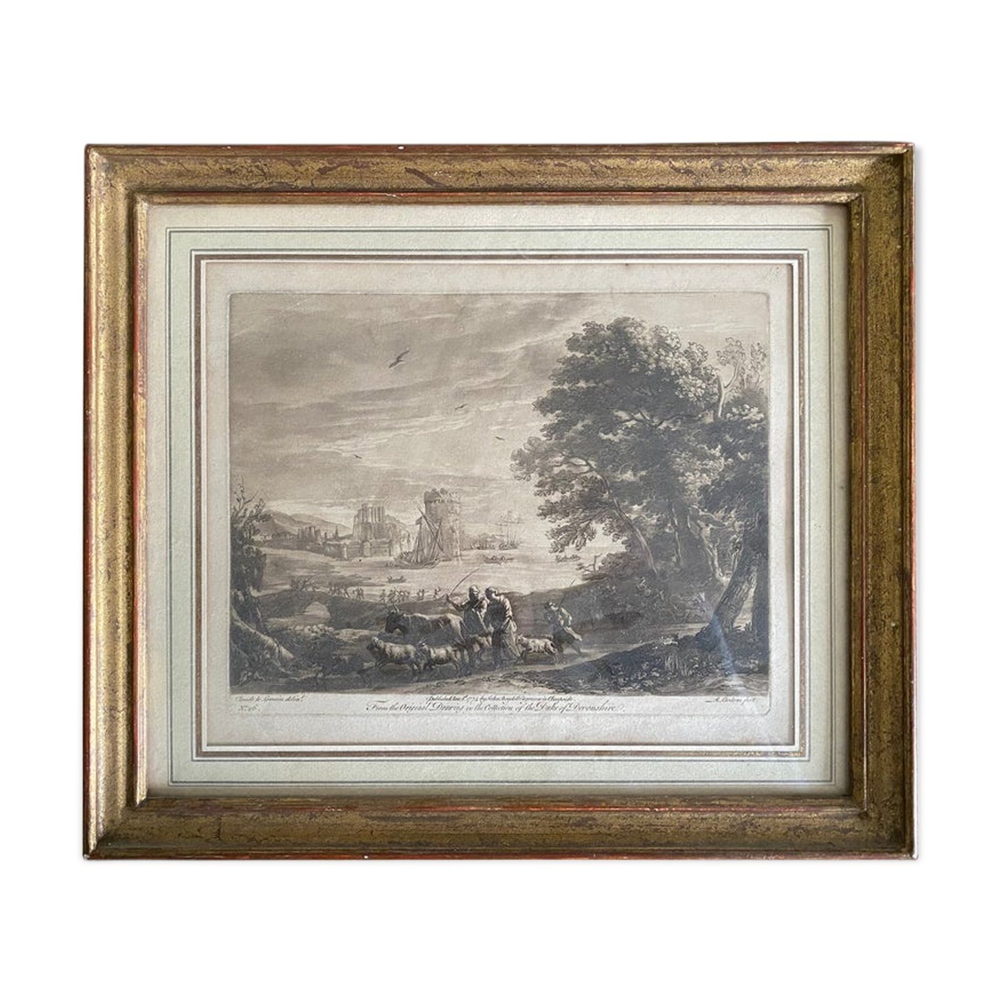 After claude le lorrain, engraving, landscape with shepherds