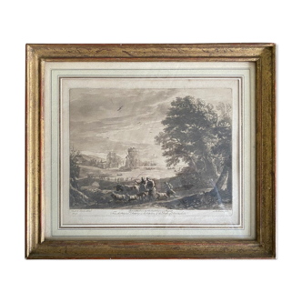 D'après claude le lorrain, gravure, paysage avec des bergers