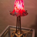 Wrought iron lamp patinated gold with beautiful marbled tulip orange, red, black, very beautiful 35x15 art deco