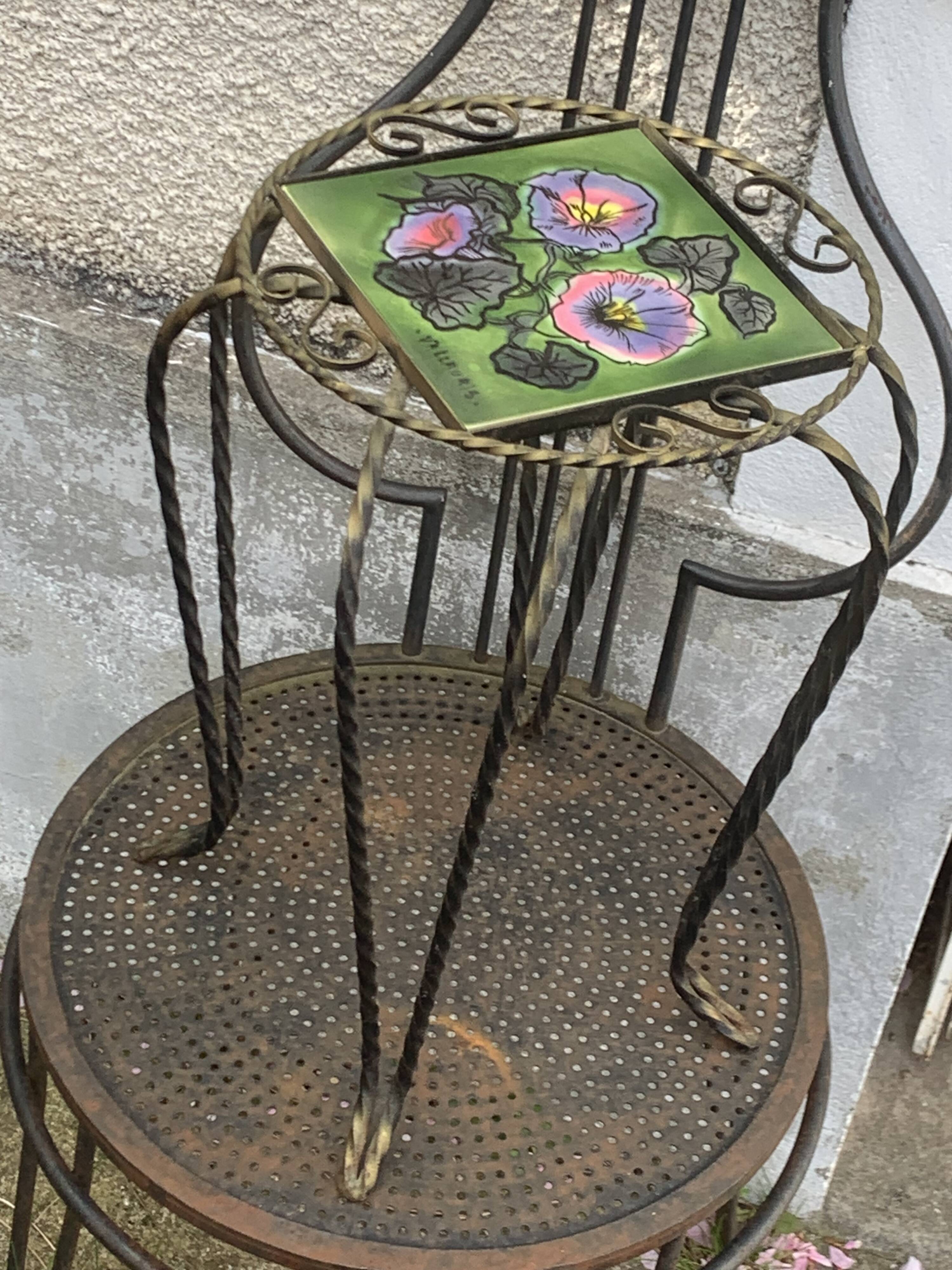 Plant stand, table, in wrought iron and vintage Vallauris ceramic