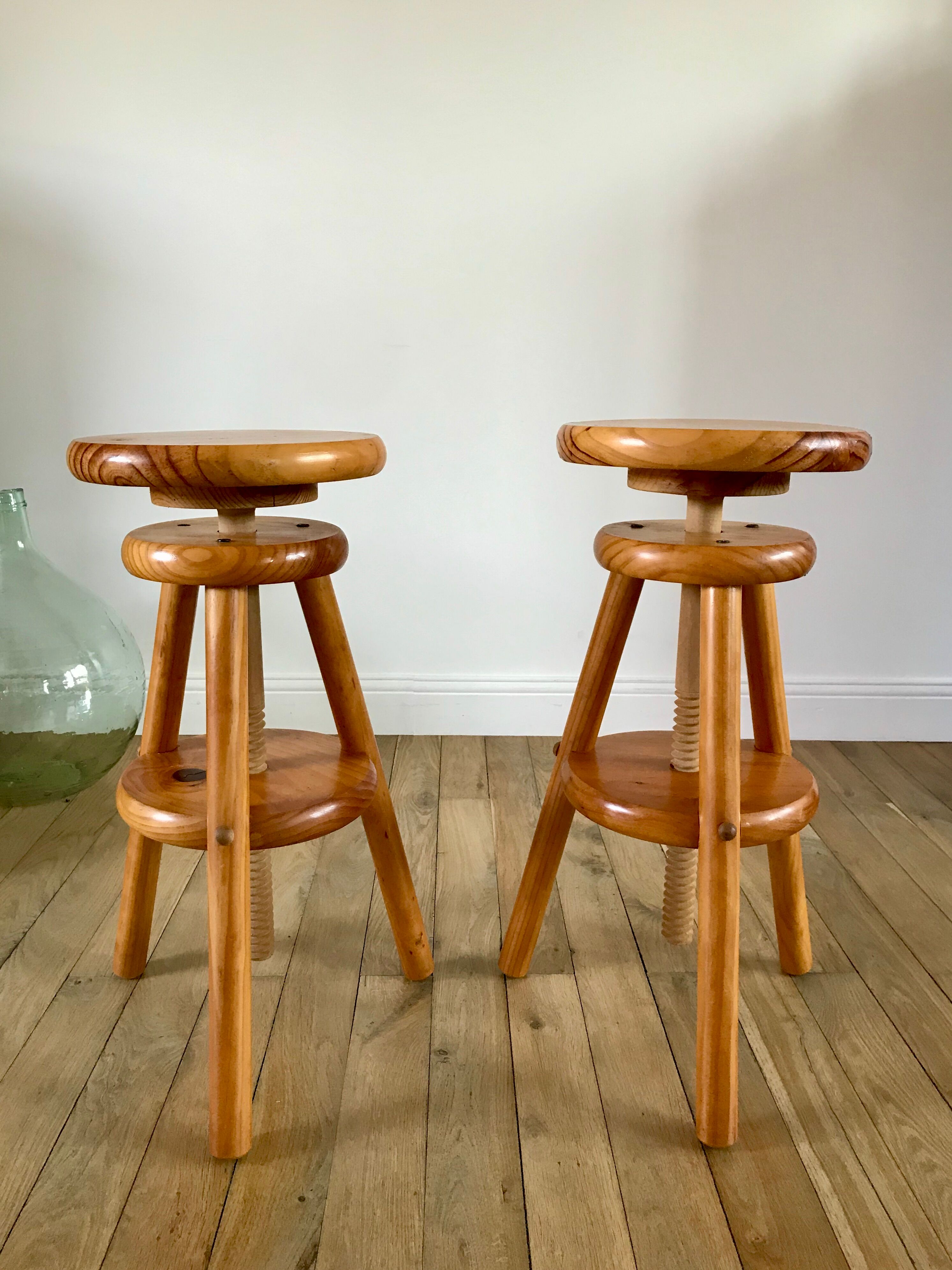pair of adjustable architect stools pine style 60s