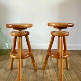 paire de tabourets d'architectes réglables en pin années 60