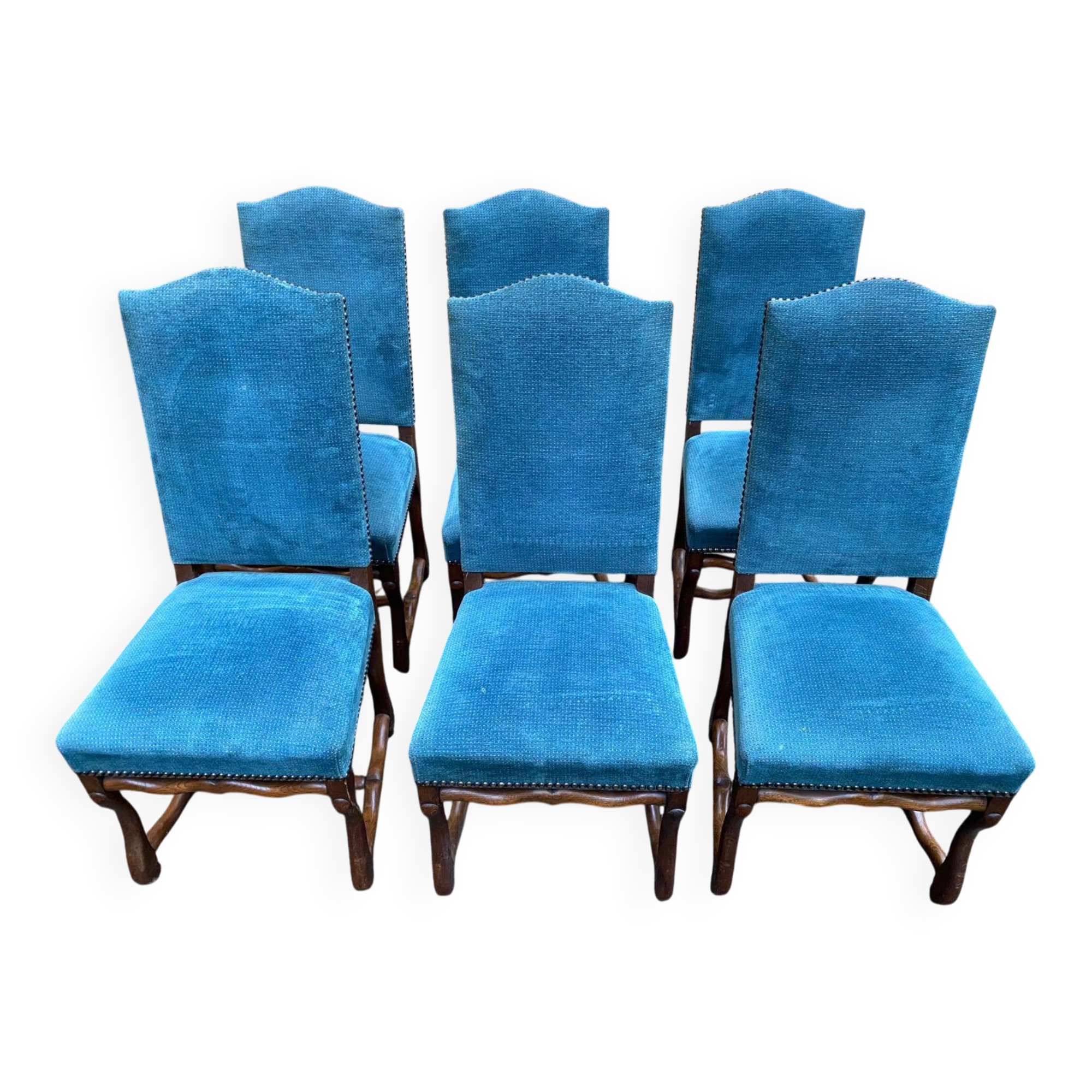 6 chaises Louis XIII bois massif os de mouton et velours bleu 19ème