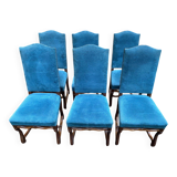 6 chaises Louis XIII bois massif os de mouton et velours bleu 19ème