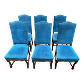 6 Louis XIII chairs, solid wood, sheep bone, and blue velvet, 19th century