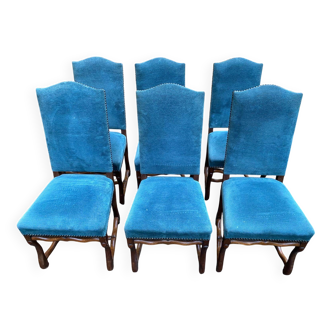 6 chaises Louis XIII bois massif os de mouton et velours bleu 19ème