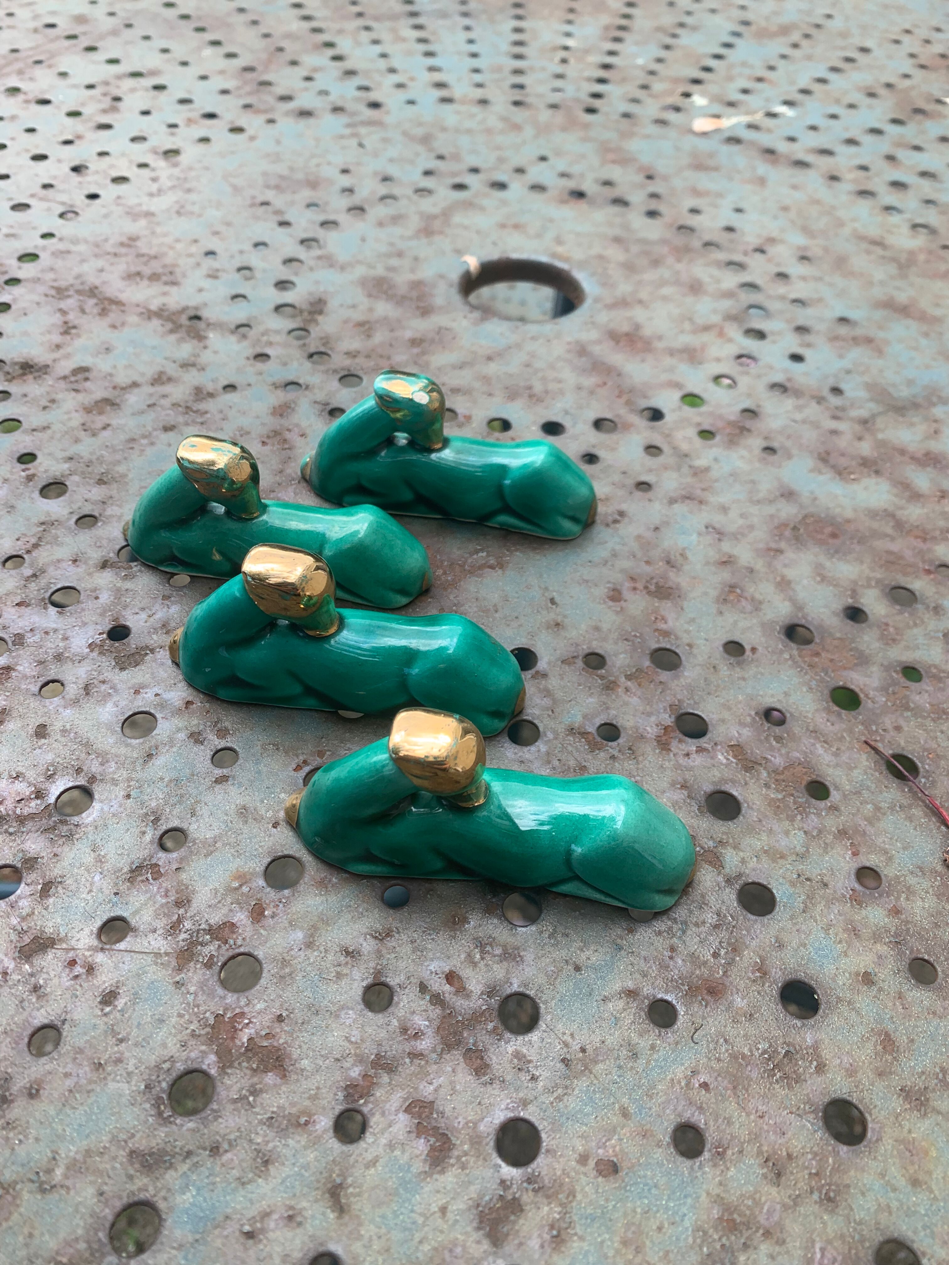 4 knife holders the deer in green and gold glazed ceramic art deco