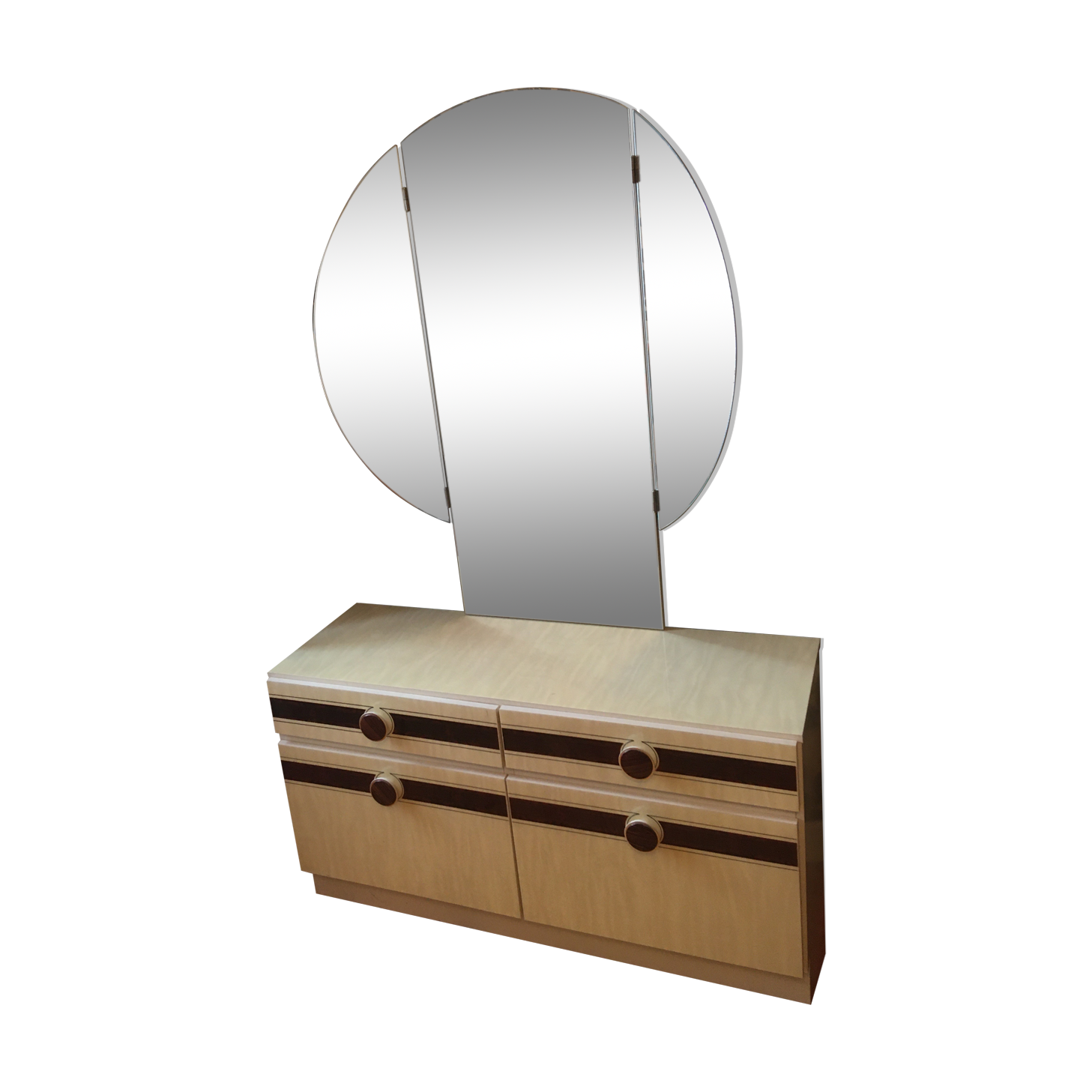 Coiffeuse formica blanc vintage et miroir rond triptyque repliable