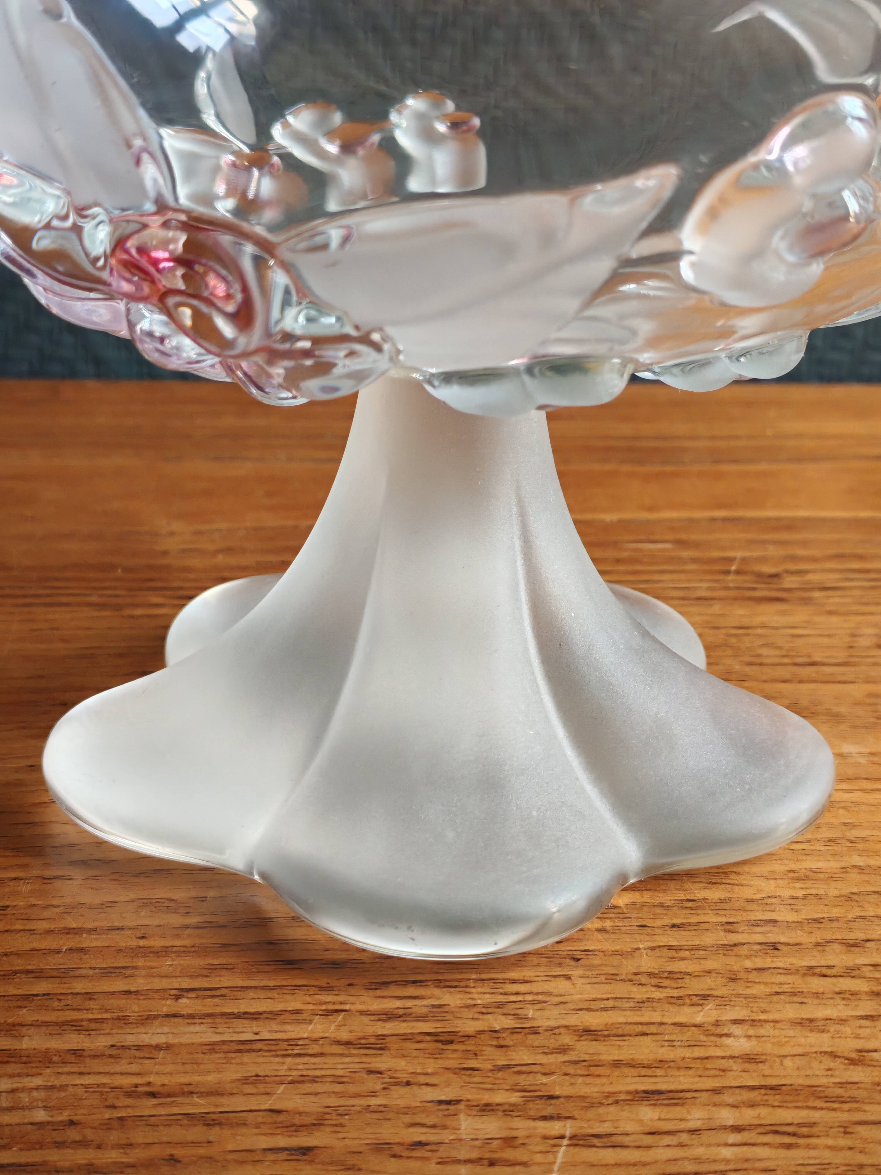 Vintage Frosted Glass Footed Bowl – Relief Decor of Pink Flowers