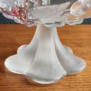 Vintage Frosted Glass Footed Bowl – Relief Decor of Pink Flowers