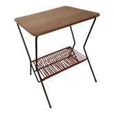 50s wooden table with vinyl and scoubidou magazine rack