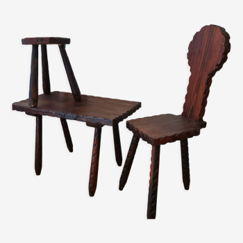 Set table, tabouret et chaise tripode art populaire