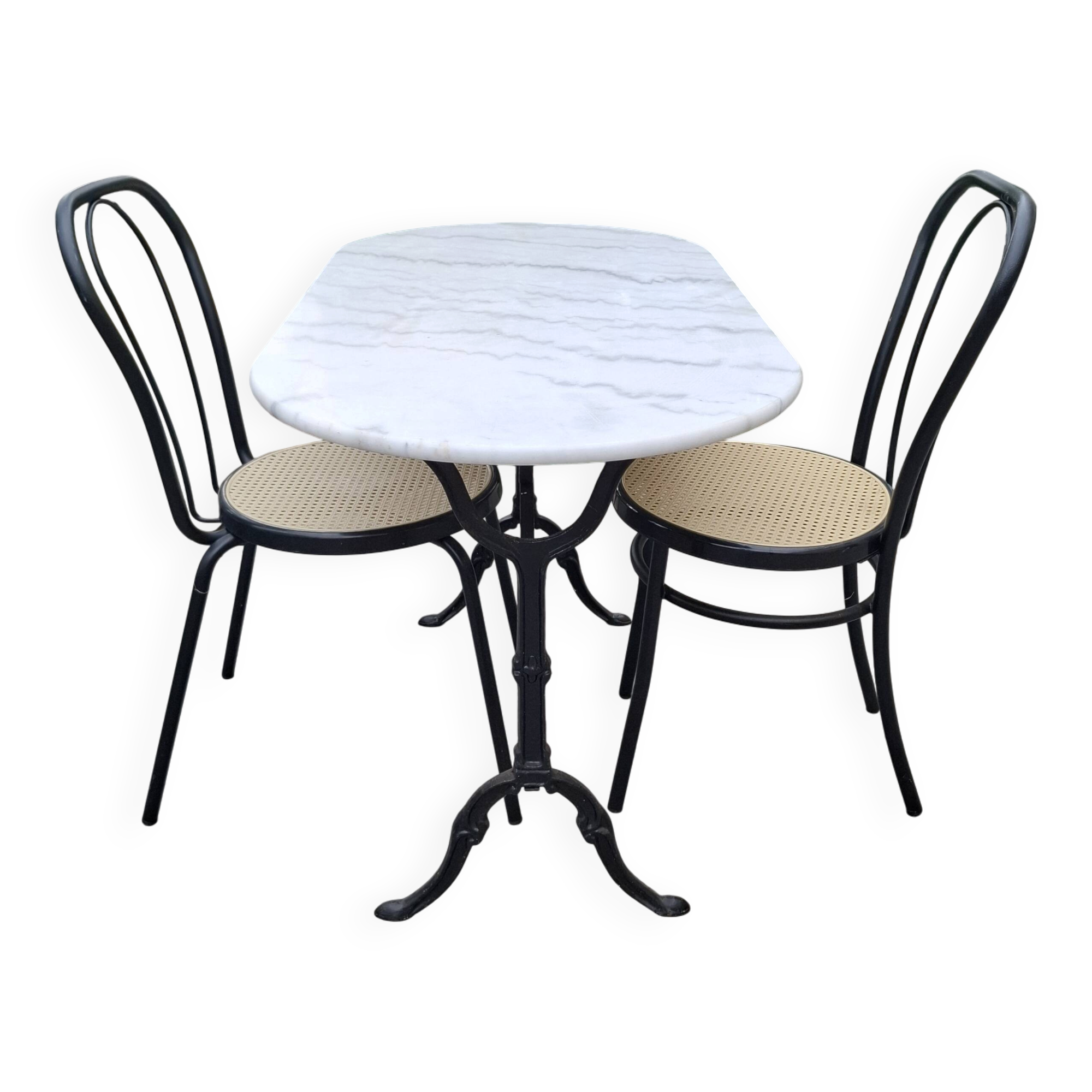 Marble oval veined bistro table + 2 aluminium chairs