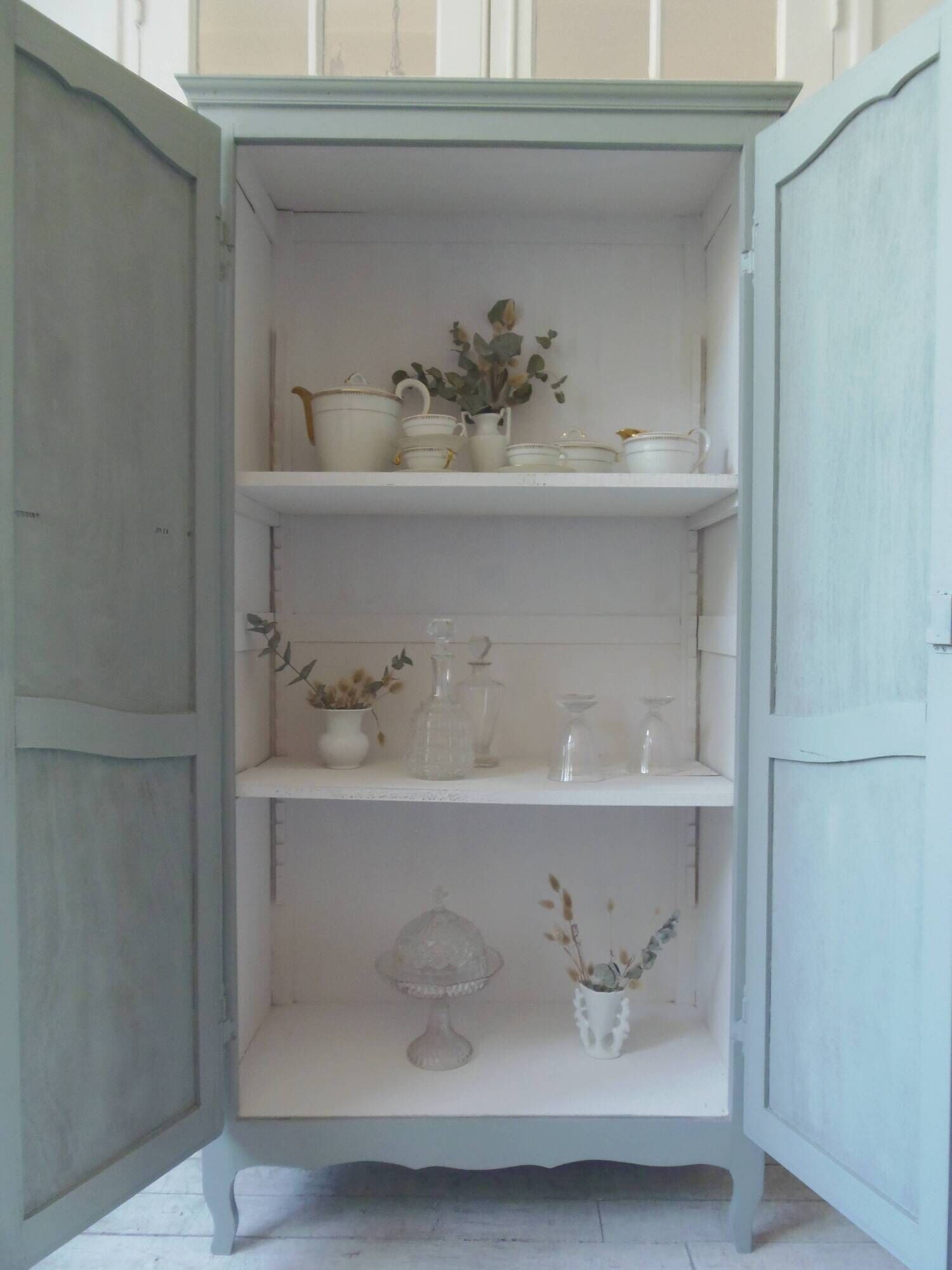 Wardrobe, dresser, vintage linen 2 doors green gray waxed finish.